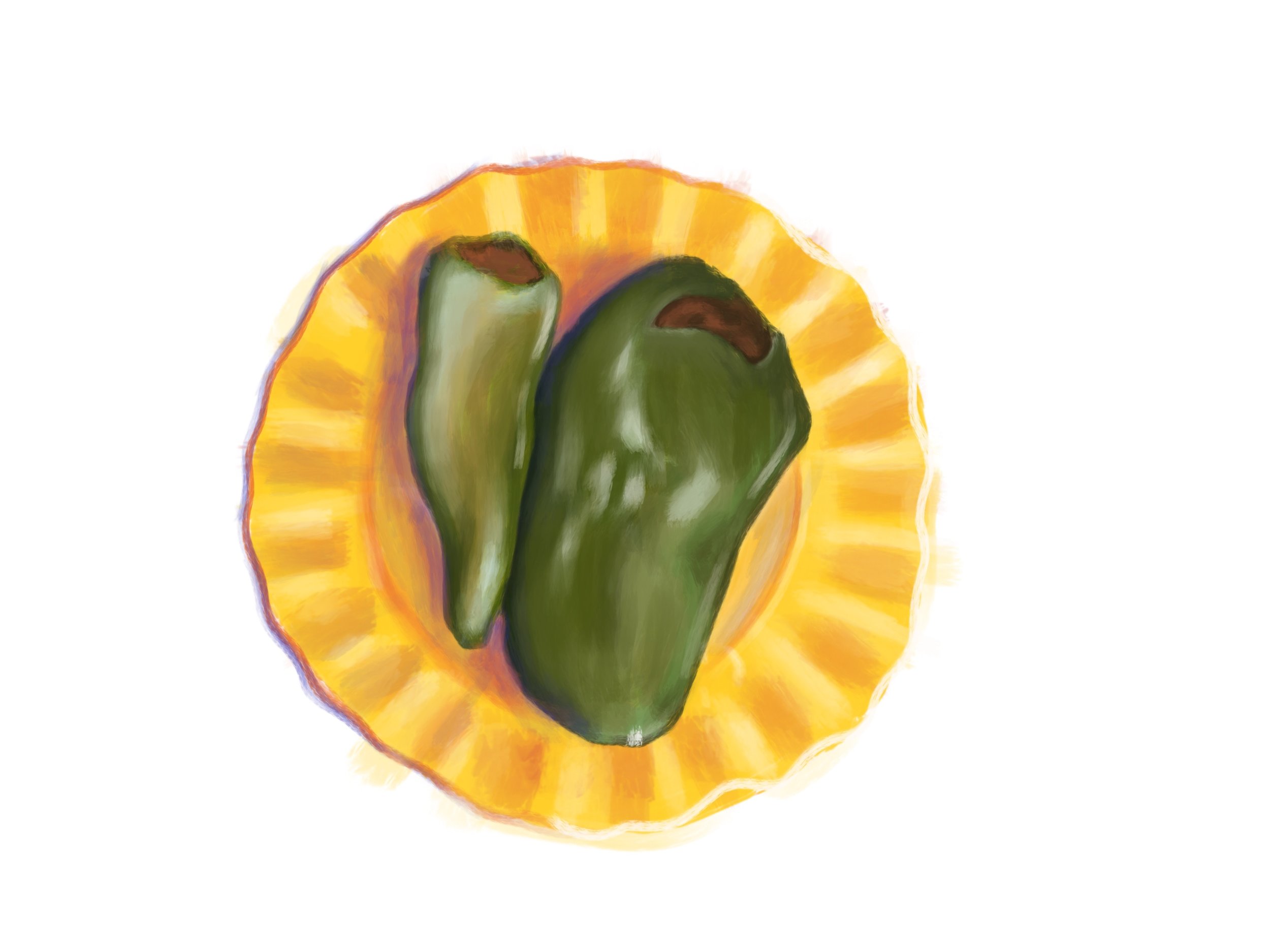 A yellow plate with two stuffed green capsicums. 