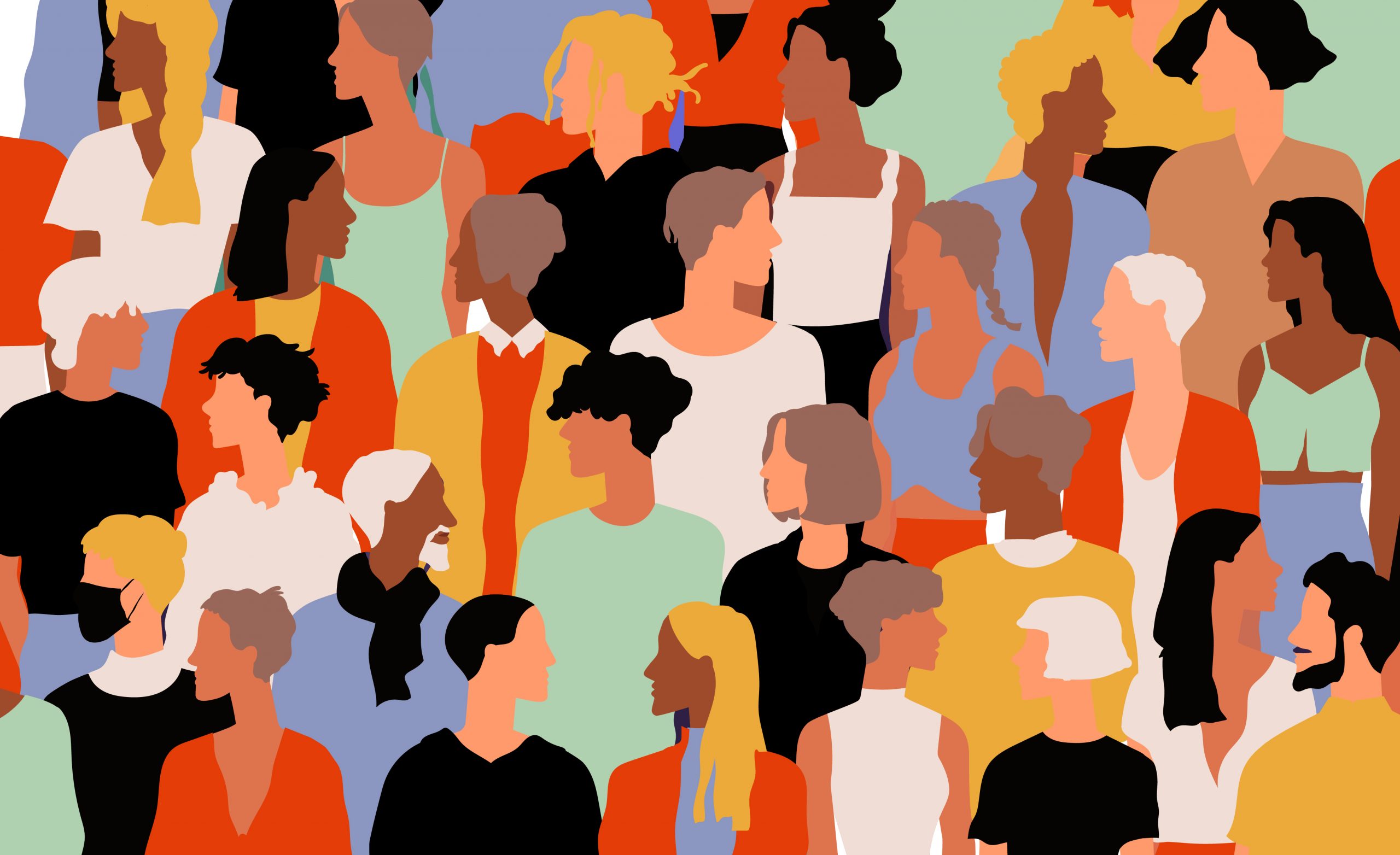 Graphic illustration of many different people standing in a crowd.