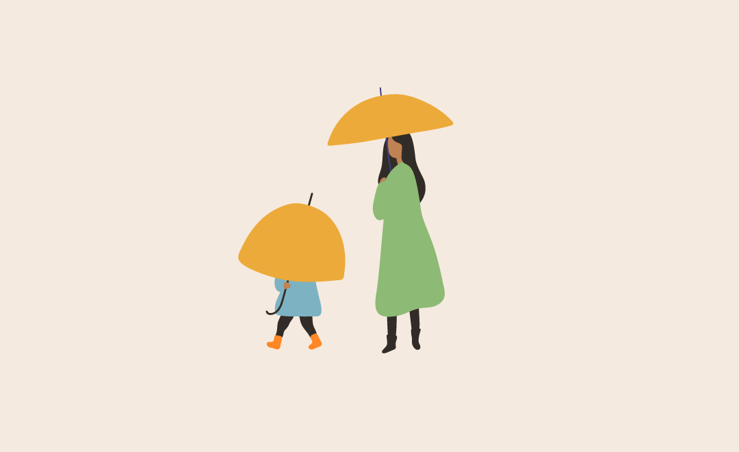 Graphic illustration of a woman standing with an umbrella next to a child also with an umbrella.