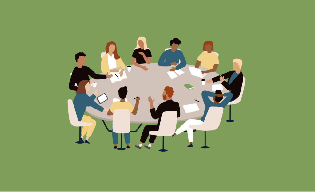 Graphic illustration of a group of people sitting around a round table