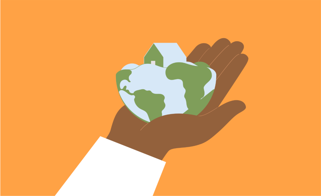 Graphic illustration of a hand holding half of an earth with a house on it