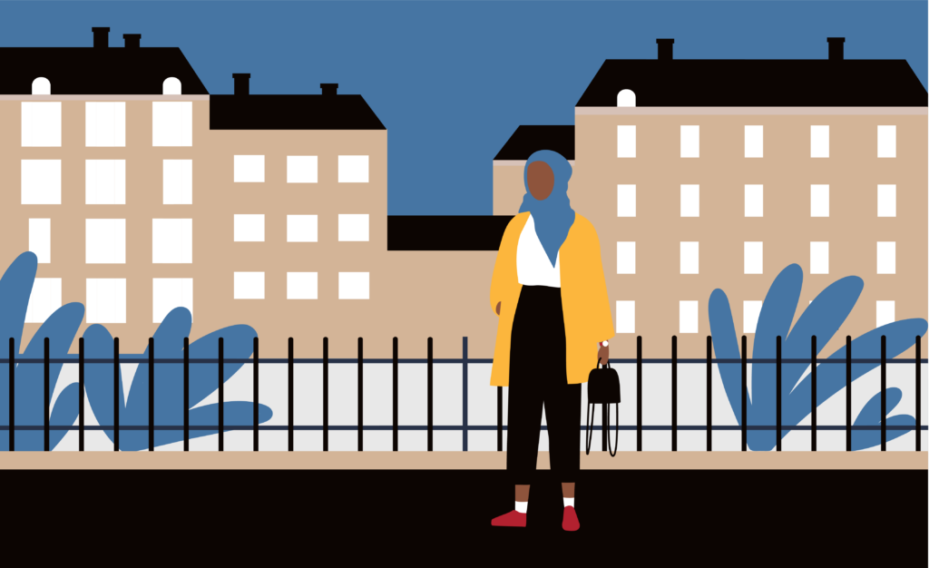 Illustration of a woman wearing a hijab walking along the foot path in front of tall apartment buildings