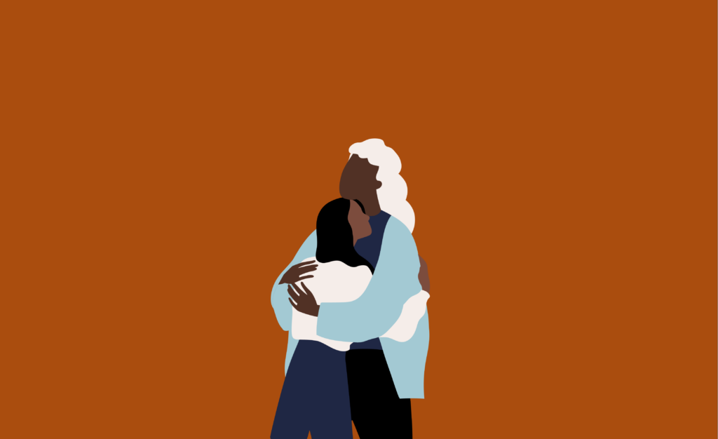 Illustration of a person with grey hair hugging a person with long black hair