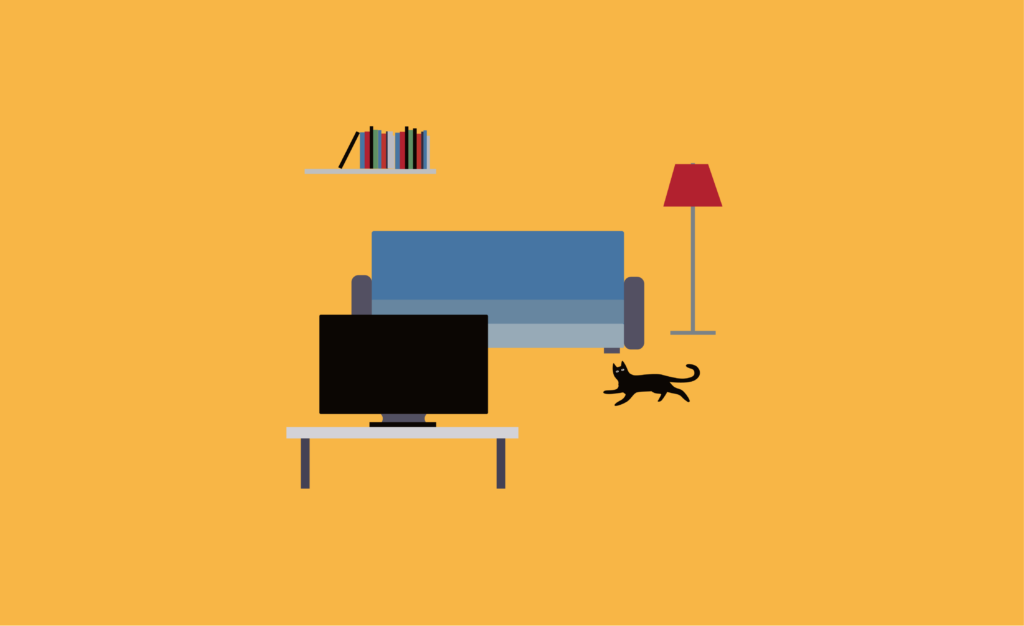 Illustration of a lounge room with a television, couch and lamp