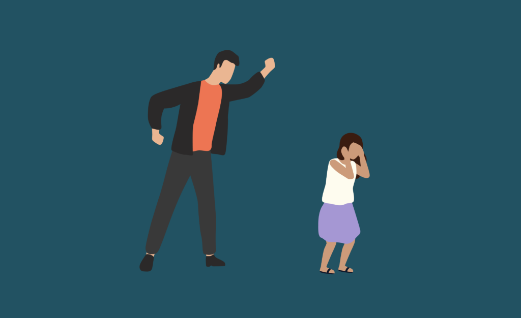 Illustration of a man yelling at a small child as she cries into her hands
