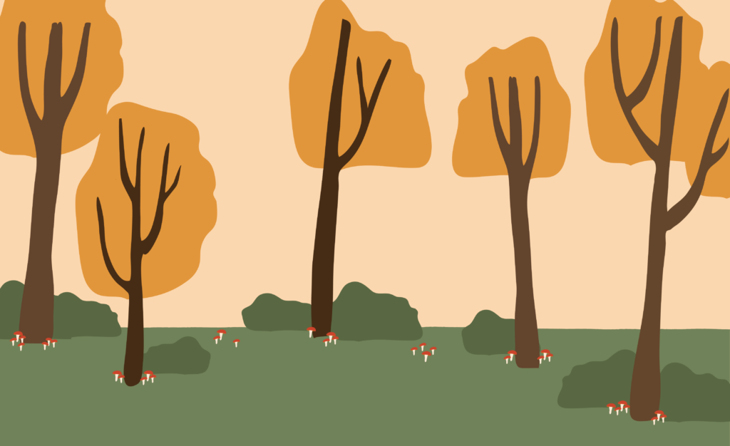 Illustration of trees in a forest with small mushrooms at the base.