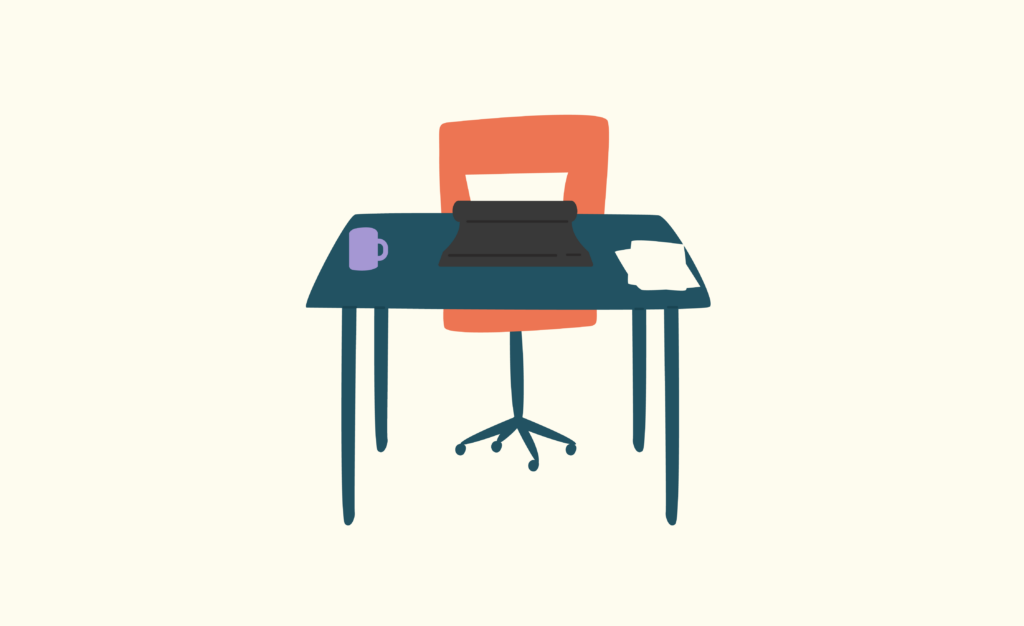 Illustration of a desk with a typewriter on it.