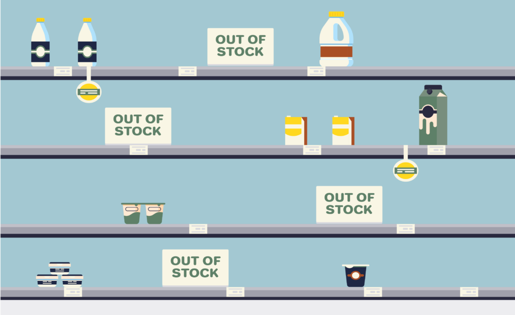Illustration of supermarket shelves with many items missing