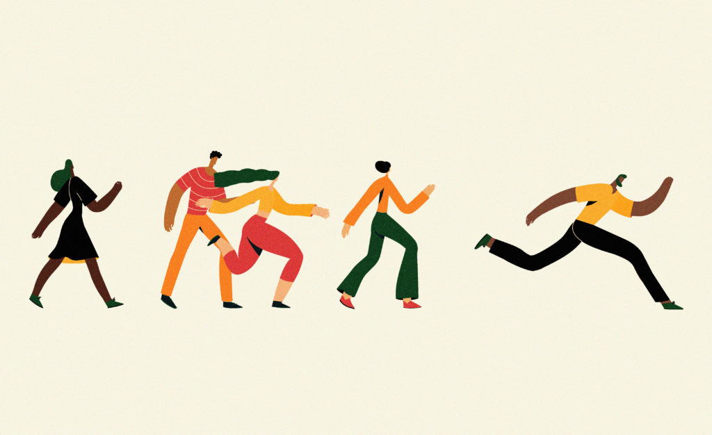 An illustration of many different people from diverse backgrounds walking and running together on the same path.