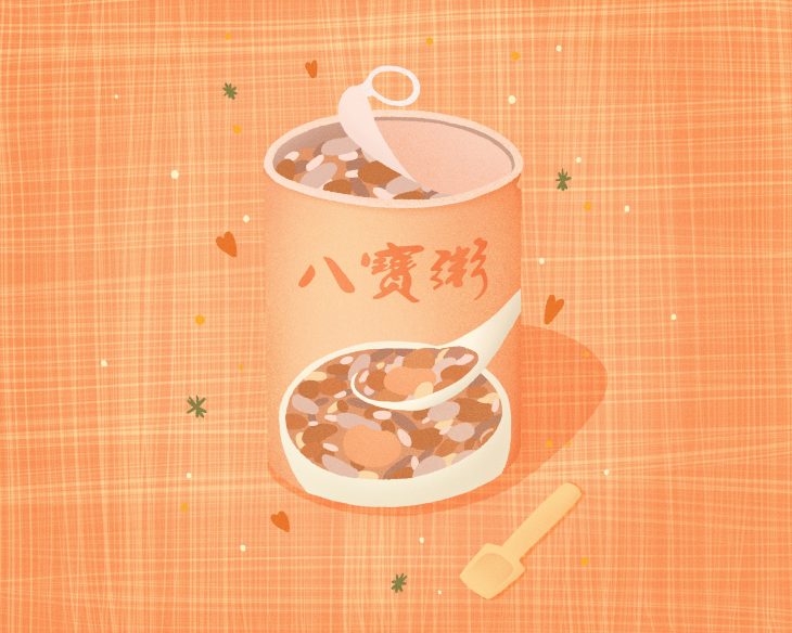 A beautiful illustration by Paperlily Studio featuring a bright orange background with some sparkles. In the centre is an open can of some yummy chunky soup with Chinese characters on the outside cover.