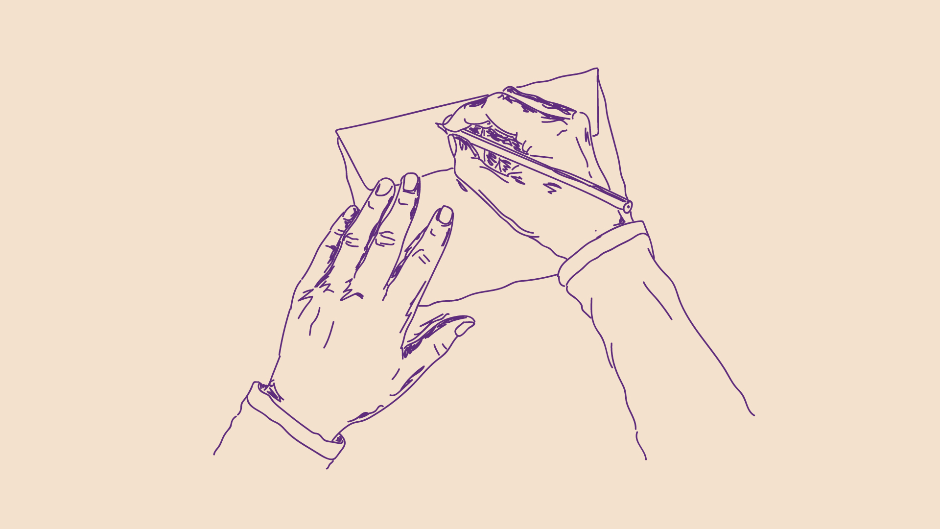 Illustration of two hands. One hand is holding an envelope while the other writes on the back of it.