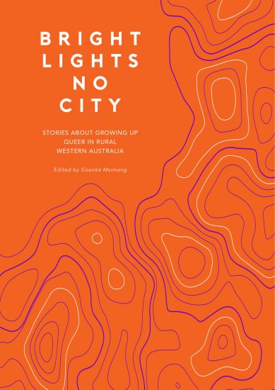 An orange book cover with purple and white contour lines on a topographic map. The title 'Bright Lights No City' is in bold white font. The book was edited by Sisonke Msimang.