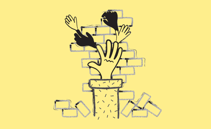 Illustration of many hands raised in front of a stack of bricks resembling a wall