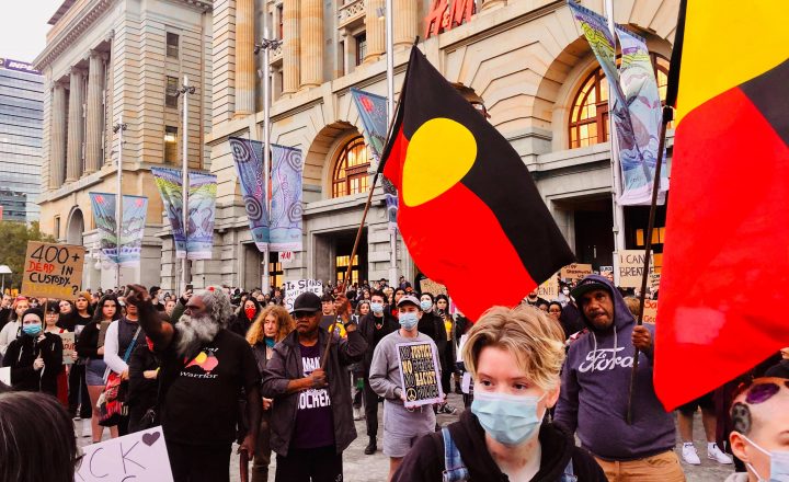 A photograph of people in protest at the Western Australian Black Lives Matter rally.