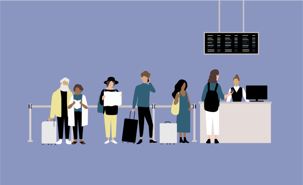 Graphic illustration of people lining up to embark on a plane at an airport