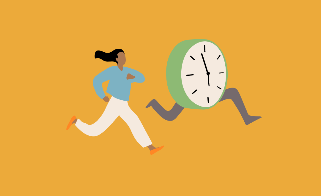 Graphic illustration of a woman running next to a large clock with legs