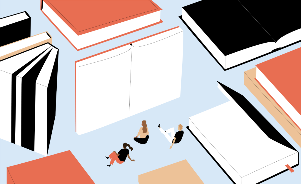 Graphic illustration of three people sitting around many giant books