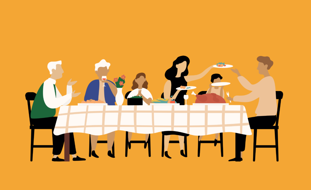 Illustration of a family having dinner together