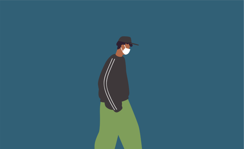 Graphic illustration of a person with a mask on walking alone