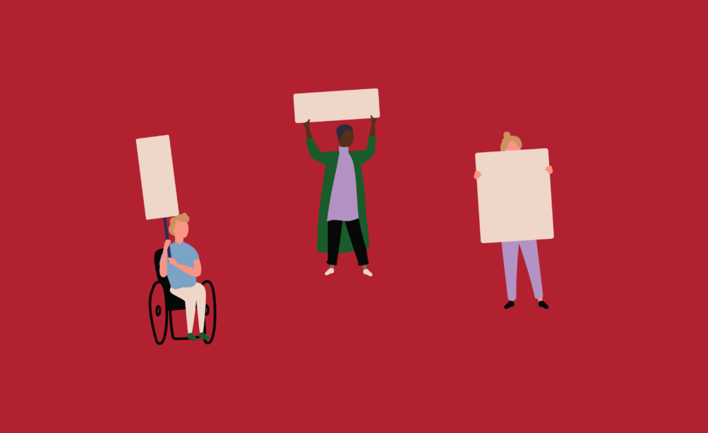 Graphic illustration of three people holding signs and protesting