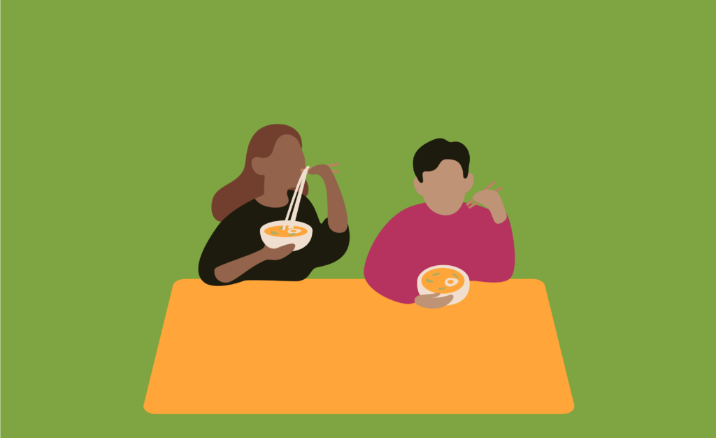 Illustration of two people eating noodle soup