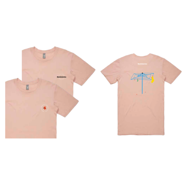 A photograph of a pale pink t-shirt. On the front is a small Backstories logo on the top left side of the shirt. On the back of the shirt is a really cool illustration of a bright blue hills hoist with some washing on it. Above that, the iconic Backstories logo in white.