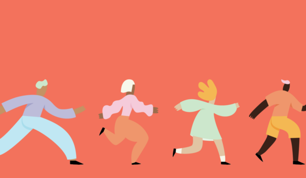 Graphic illustration of four people running and skipping
