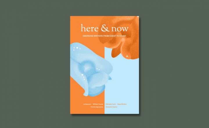 An image of a book cover against a mossy green background. The book cover is split in half. On one side, the book is orange and has a blue native flower. On the other side the book is blue and has an orange native flower. The title 'here & now' runs accross the top of the two colours.