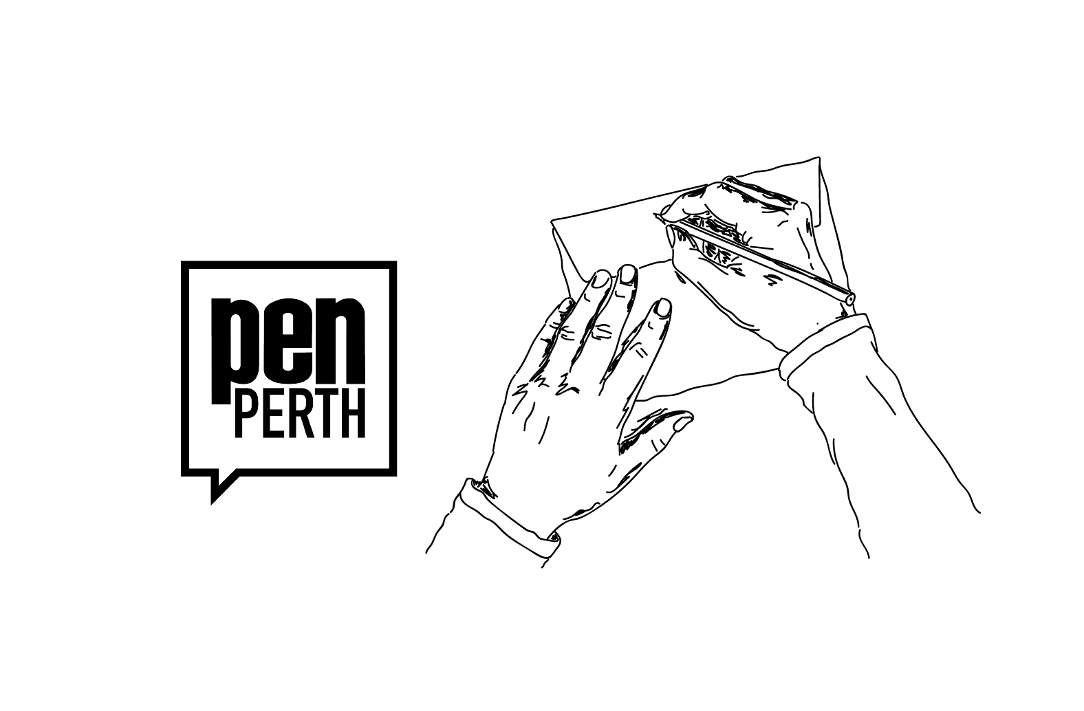 The PEN Perth Logo and an illustration of hands writing on the back of an envelope. 