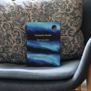 A photograph of a book titled Viciously Poetic. The book is a mix of dark blues and black in a stormy style. The title is in white with Raf Gonzalez's name below.